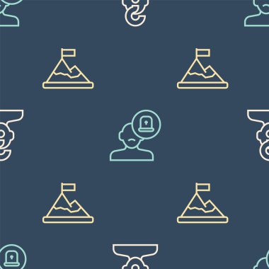 İnsanı soru işaretiyle sınırlandır, dağların tepesinde bayrak, ve erkek doktoru sorunsuz bir düzene sok. Vektör