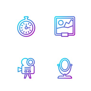 Yuvarlak makyaj aynası, Retro sinema kamerası, cep saati ve resim. Renk simgeleri. Vektör