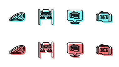 Hat kontrolü motoru, araba farları, asansör ve simge tamir araçları. Vektör