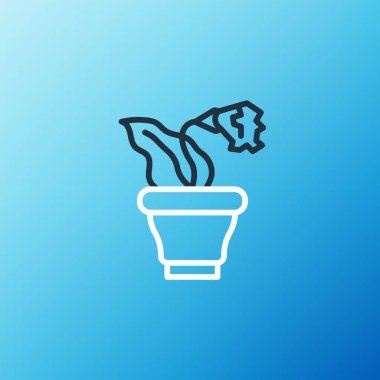 Mavi arkaplanda tencere simgesinde çizgi çiçeği izole edildi. Tencerede yetişen bir bitki. Saksı bitkisi işareti. Renkli taslak konsepti. Vektör