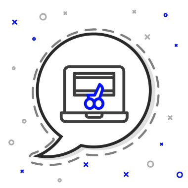 Çizgi Video kaydedici ya da dizüstü bilgisayar simgesindeki düzenleyici yazılımı beyaz arkaplanda izole edildi. Dizüstü bilgisayarda video düzenleme. Renkli taslak konsepti. Vektör