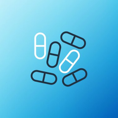 Mavi arka planda çizgi ilacı veya tablet ikonu izole edildi. Kapsül hapı ve uyuşturucu işareti. Eczane tasarımı. Renkli taslak konsepti. Vektör