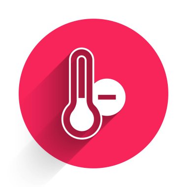 Beyaz Meteoroloji termometresi uzun gölgeli ikonu izole ediyor. Termometre termometresi sıcak ya da soğuk hava gösteriyor. Kırmızı daire düğmesi. Vektör.