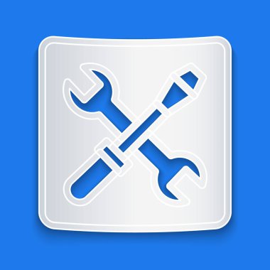 Kağıt kesme 3D yazıcı ayarı simgesi mavi arkaplanda izole edildi. 3D baskı. Kağıt sanatı tarzı. Vektör.