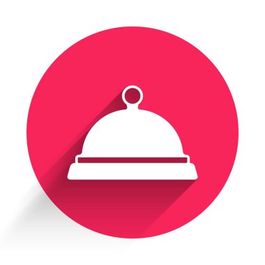 Uzun gölgeli bir yemek ikonu tepsisiyle kaplanmış. Tepsi ve kapak işareti. Kapaklı bir restoran saati. Kırmızı daire düğmesi. Vektör