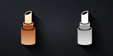 Siyah arkaplanda altın ve gümüş ruj ikonu var. Uzun gölge tarzı. Vektör