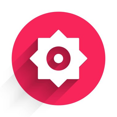 Beyaz Kayan Yıldız simgesi uzun gölge arkaplanı ile izole edildi. Göktaşı, göktaşı, kuyruklu yıldız, asteroid, yıldız ikonu. Kırmızı daire düğmesi. Vektör