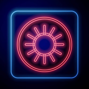 Parlayan neon güneş simgesi siyah arkaplanda izole edildi. Vektör