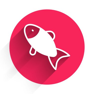 Beyaz Balık simgesi uzun gölge arkaplan izole. Kırmızı daire düğmesi. Vektör