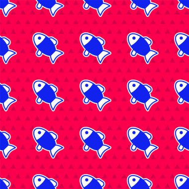 Blue Fish icon isolated seamless pattern on red background.  Vector clipart