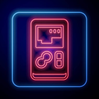 Parlayan neon portatif oyun konsol simgesi siyah arkaplanda izole edildi. El bilgisayarı oyun konsolu. Vektör