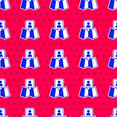 Konum simgesi simgesine sahip mavi katlı harita kırmızı arkaplanda izole edilmiş kusursuz desen. Vektör