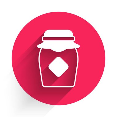 Beyaz kavanoz bal ikonu uzun gölge arkaplan izole. Yiyecek bankası. Tatlı doğal gıda sembolü. Kırmızı daire düğmesi. Vektör