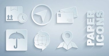 Dünya Çapında, Zarfta, Şemsiye, Harita Kağıdında Yer Tutucu, Şehir navigasyon bilgisini ve karton kutuyu ve hızlı zaman simgesini ayarla. Vektör