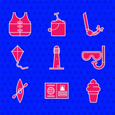 Deniz feneri, pasaport, waffle külahında dondurma, dalış maskesi ve şnorkel, kano küreği, uçurtma, şnorkel ve can yeleği ikonu. Vektör