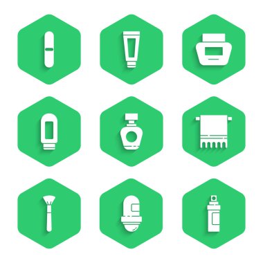 Parfüm, terleme önleyici deodorant rulosu, askıda havlu, makyaj fırçası, krem losyon kozmetik tüpü ve tırnak törpüsü ikonu. Vektör