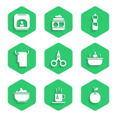 Makas, çay poşetli çay, Elma, Küvet, Kasede deniz tuzu, Askıda havlu, Şişe suyu ve Aroma lamba ikonu. Vektör