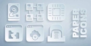 Başarısız erişim bulut depolama, İşlemci, Kırık dosya, Hangar sunucuları, Hiyerarşi organogram şeması ve HDD simgesi ile İşlemci ayarla. Vektör