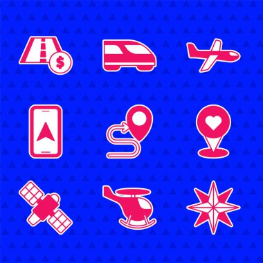 Rotayı ayarla, helikopter, rüzgar gülü, kalbi olan konum, uydu, şehir haritası navigasyonu, uçak ve paralı yol trafik işareti simgesi. Vektör
