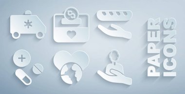 Kalp dünyasını ayarla - sevgi, bağış yemeği, ilaç tableti, insanlarla ilgilenmek, ve hayır işi ve acil durum arabası ikonu. Vektör