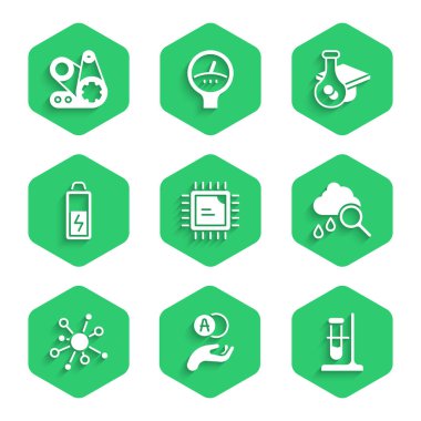 İşlemci işlemcisini, Atom 'u, test tüpünü, yağmurlu bulutu, molekülü, pili, mezuniyet kepini ve zaman ayarlı kemer setini hazırla. Vektör