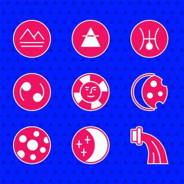 Güneş, Güneş tutulması, Kova burcu, Dolunay, Kanser, Sembol Uranüs ve Dünya element simgesi. Vektör