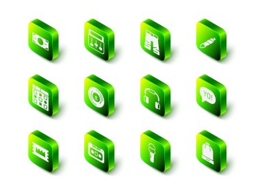 Bateri makinesi müziği, geniş pantolon, marihuana esrar, argo mektupları, kış şapkası, kulaklıklar, mikrofon ve Retro ses kaset ikonu. Vektör