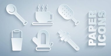 Sauna eldiveni, fırça, kova, ballı çubuk çay ve kepçe ikonu. Vektör