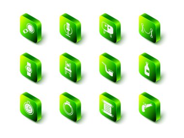 Mikrofon, TV masası sehpası, ip engeli, şarap şişesi, klasik tabanca, tüttürme piposu, papirüs parşömeni ve altın yüzük ikonu. Vektör