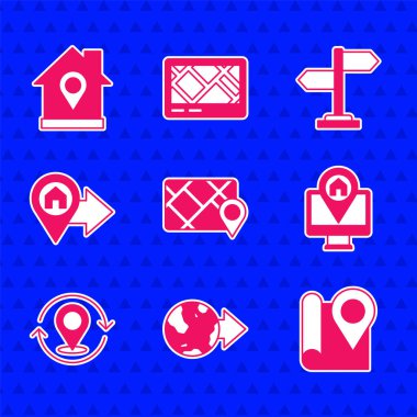 GPS cihazını harita, dünyadaki konum, katlanmış konum işareti, monitör, harita şifresi, ev, trafik ışığı ve simge ile ayarla. Vektör