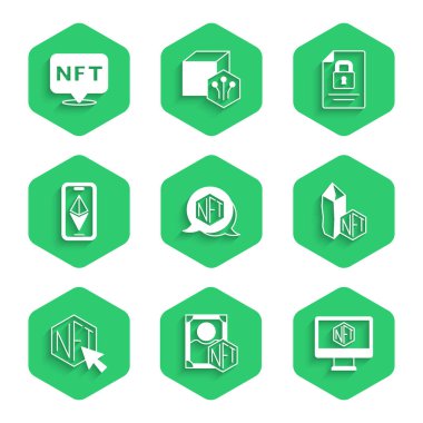 NFT Dijital Şifreleme Sanatı, Depolama Uygulaması, Ethereum ETH, Belge ve Kilit ve Simge ile İzleyiciyi Ayarlayın. Vektör