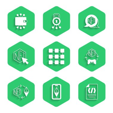 NFT engelleme teknolojisi, Ethereum ETH, ikili kod, dijital şifreleme sanatı, takas ve kripto para birimi cüzdan simgesi ayarla. Vektör