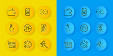 Slot makinesi, kumarhane fişleri, 21 artı King 'in elmaslarla kağıt oynaması, cüzdan parası, poker oyuncusu ve kumarhane poker turnuvası davetiyesi ikonu. Vektör