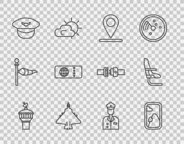 Radar hattı, uçak penceresi, konum, jet uçağı, pilot şapkası, uçak bileti ve koltuk ikonu. Vektör