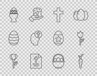 Sabit çizgi, çiçek lalesi, havuç, Hıristiyan haçı, Mutlu Paskalyalar, yumurta standı, insan başlı Hıristiyan, sepet paskalya yumurtası ve ikon. Vektör