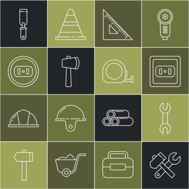 Hat çekiç ve anahtar anahtarı, İngiliz anahtarı, elektrik prizi, üçgen cetvel, tahta balta, Rasp metal dosyası ve rulet inşaat ikonu. Vektör