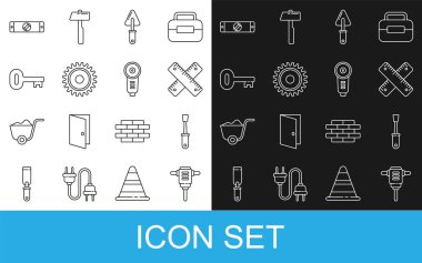 Elektrikli döner çekiç matkabı, tornavida, çapraz cetvel, Trowel, dairesel testere bıçağı, Eski anahtar, inşaat balonu seviyesi ve Angle öğütücü simgesi ayarlayın. Vektör