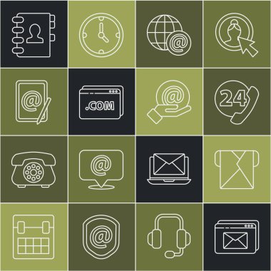 Web sitesi ve zarf, Zarf, Zarf, Telefon, 24 saat destek, Dünya küresi posta, şablon, e-posta, adres defteri ve el simgesi. Vektör