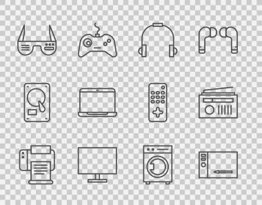 Çizgi yazıcı, grafiksel tablet, kulaklıklar, bilgisayar monitörü, akıllı gözlük, dizüstü bilgisayar, çamaşır makinesi ve anten ikonlu radyo ayarlayın. Vektör