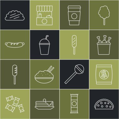 Taco 'yu tortilla, Hard bread chucks krakerleri paket kutusunda tavuk budu, kahve fincanı go, Milkshake, Hotdog sandviçi ve mısır ikonu ile ayarla. Vektör