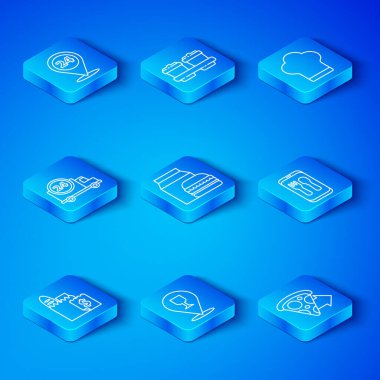 Çevrimiçi sipariş ve teslimat, burger, alkollü bira barı mekanı, Şef şapkası, arabayla hızlı, 24 saat ve pizza ikonu. Vektör