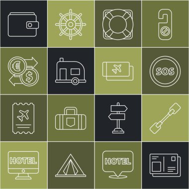 Vize damgalı pasaport, Paddle, konum SOS, Lifebuoy, Rv Kamp karavanı, para değişimi, cüzdan ve uçak bileti ikonu. Vektör