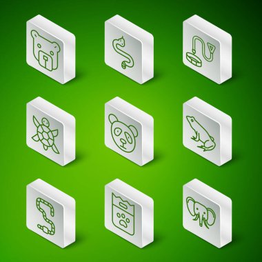 Set hattı Fil, yiyecek çantası, ayı kafası, şirin panda yüzü, kaplumbağa, yılan, solucan ve kurbağa ikonu. Vektör