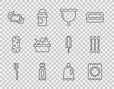 Diş fırçasını, prezervatifi paket güvenli sekste, adet bardağı, diş macunu tüpü, sabun köpüklü leğen, temizlik malzemesi şişesi ve pamuk kulak ikonu. Vektör