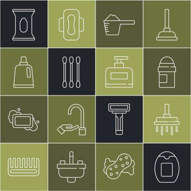 Şampuan şişesi, duş başlığı, terleme önleyici deodorant rulo, kulak için pamuk bezi, temizlik malzemesi, ıslak mendil ve ikon. Vektör