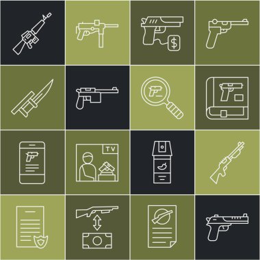 Desert Eagle gun, Hunting, Book with gun or, Buy, Mauser, Süngü on rifle, M16A1 and Pistol search ikon. Vektör