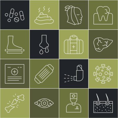 Deri, virüs, Hepatit virüsü, diş ağrısı, burun akışı, düz ayak, ilaç hapı veya tablet ve ilk yardım çantası ikonu. Vektör