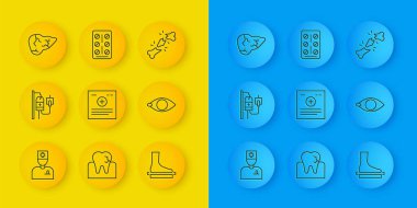 Damar yolu aç, erkek doktor, serum torbası, klinik kaydı, düz ayak, körlük, Hepatit virüsü, kırık kemik ve ilaç paketi ikonu. Vektör