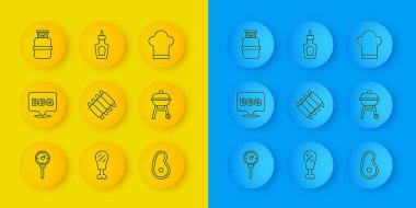 Mutfak termometresi, barbekü, ızgara domuz pirzolası, biftek eti, ızgara, propan gazı deposu, şef şapkası ve sos şişesi ikonu. Vektör