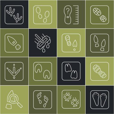 Çizgi çizgisi Tavşan ve Tavşan ayak izi, İnsan ayak izi, Kare ölçü ölçüsü, Paspas, Güvercin ve ikon. Vektör